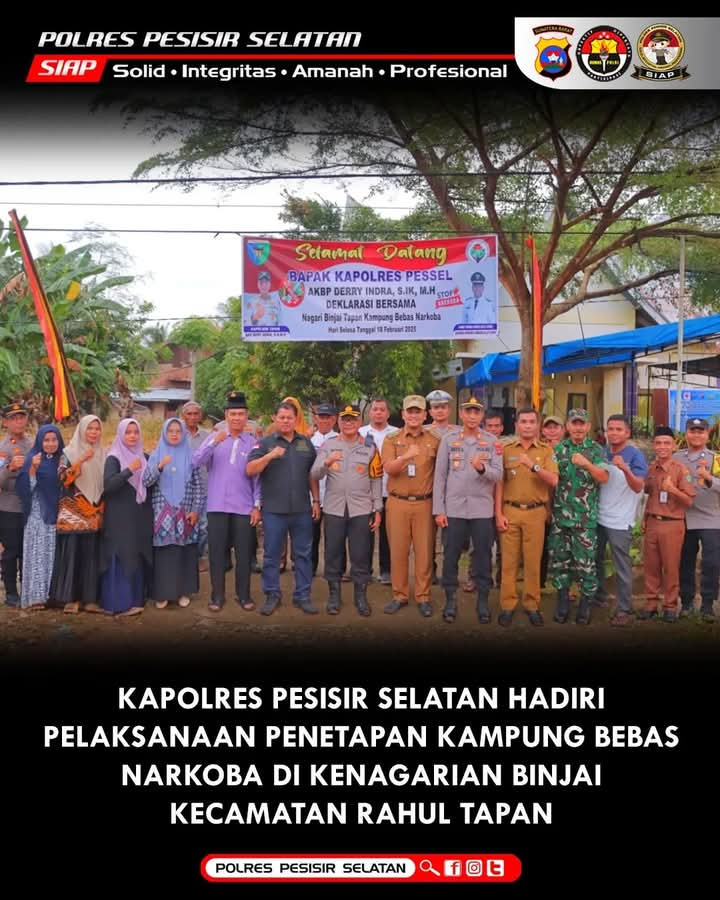 Kapolres Pesisir Selatan Resmikan Kampung Tangguh Bebas Narkoba di Nagari Binjai Kecamatan Rahul Tapan.